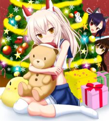  3girls :d animal_ears ayanami_(azur_lane) azur_lane bad_id bad_pixiv_id bird black_hair box chick christmas_tree commentary_request gift gift_box hat headgear hugging_doll hugging_object insider_(pix_insider) long_hair looking_at_viewer manjuu_(azur_lane) multiple_girls nowaki_(azur_lane) open_mouth peeking_out pleated_skirt ponytail red_eyes santa_hat school_uniform serafuku shigure_(azur_lane) sitting skirt smile stuffed_animal stuffed_chicken stuffed_toy teddy_bear wariza white_hair wolf_ears yellow_eyes 