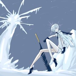  1other androgynous antarcticite blue_footwear blue_gloves cojima commentary_request full_body gloves grey_eyes high_heels houseki_no_kuni long_sleeves looking_at_viewer outdoors pale_skin short_hair sitting sword weapon white_hair 