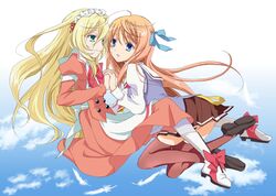  2girls anime_coloring apron aqua_eyes blonde_hair blue_eyes boots bow bowtie commentary_request dress feathers full_body hair_between_eyes hair_ribbon holding_hands interlocked_fingers kyoushirou_to_towa_no_sora long_hair long_sleeves maid_headdress multiple_girls official_style orange_dress parted_lips pleated_skirt puffy_long_sleeves puffy_sleeves red_legwear ribbon school_uniform setsuna_(kyoushirou_to_towa_no_sora) shiratori_kuu skirt sky thighhighs waist_apron wakusei_hakai_otoko white_footwear zettai_ryouiki 