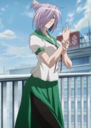  asu_no_yoichi breasts cloud female hair_over_one_eye highres purple_hair red_eyes screencap solo stitched takatsukasa_angela uniform 