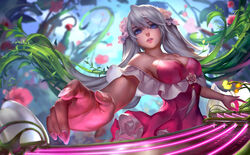  alternate_costume bare_shoulders breasts commentary_request dress female flower glowing grey_hair highres instrument large_breasts league_of_legends long_hair looking_at_viewer nail_polish parted_lips pink_nails plant purple_eyes solo sona_(league_of_legends) sweetheart_sona tinadraw twintails upper_body vines 