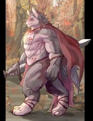  2018 abs anthro biceps bottomwear canid canine canis clothing digital_media_(artwork) fd-caro fur hi_res kemono loincloth male mammal melee_weapon muscular muscular_male overweight pecs sword tattoo weapon wolf 