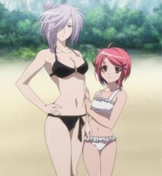  2girls asu_no_yoichi bikini breasts cleavage hair_over_one_eye highres large_breasts multiple_girls navel purple_hair red_eyes red_hair screencap smile solo stitched swimsuit takatsukasa_angela tsubame_tsubasa 