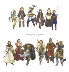  2boys alternate_costume apron arisen_(dragon&#039;s_dogma) armor bad_id bad_pixiv_id black_hair boots bow_(weapon) brown_hair bubble_skirt cape crossdressing dagger dragon&#039;s_dogma dragon&#039;s_dogma_(series) enmaided facial_hair faruode fur_cape fur_collar garrison_cap glasses gloves goatee greaves hat knee_boots knee_pads knife leg_warmers long_coat maid mask multiple_boys pawn_(dragon&#039;s_dogma) quiver rapier reverse_grip shield shorts skirt staff sword waist_apron war_hammer weapon 