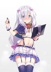  alternate_costume alzano_school_uniform blue_eyes blue_skirt blush bow breasts buttons capelet commentary_request cosplay cowboy_shot double-breasted drawing_tablet eromanga_sensei female fujita_akane_(voice_actor) garter_straps gloves grey_hair hairbow highres hika_(cross-angel) holding izumi_sagiri long_hair midriff navel neck_ribbon nose_blush pink_bow pleated_skirt purple_capelet purple_gloves raised_eyebrows red_ribbon ribbon rokudenashi_majutsu_koushi_to_akashic_record school_uniform season_connection single_glove sistine_fibel sistine_fibel_(cosplay) skirt small_breasts solo standing stomach stylus teeth thighhighs voice_actor_connection 