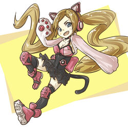  absurdres animal_ear_headphones animal_ears animal_hands ankle_boots black_thighhighs blonde_hair blue_eyes boots breasts cat_ear_headphones cat_ears cat_tail chibi choker cleavage commentary_request fake_animal_ears female full_body gloves headphones highres knee_pads long_hair lucky_chloe medium_breasts na_desuyone paw_gloves smile solo tail tekken tekken_7 thighhighs very_long_hair 