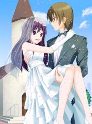  1boy artist_request bride carrying character_request couple dress eye_contact female flower game_cg hair_flower hair_ornament long_hair looking_at_another paca_plus pacoproject petals princess_carry princess_hug purple_eyes purple_hair tsukasa_rin wedding wedding_dress white_dress 