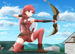  aiming armpits asymmetrical_gloves blue_sky boots bow_(weapon) braid cloud commentary_request day drawing_bow female gloves hai_to_gensou_no_grimgar hair_over_shoulder holding holding_bow_(weapon) holding_weapon kayama_kouji long_hair on_one_knee on_roof quiver red_eyes red_hair red_thighhighs shorts single_braid sky solo thighhighs uneven_gloves weapon yume_(grimgar) 