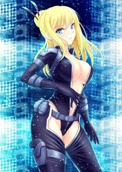  belt blonde_hair blue_eyes bodysuit breasts cleavage commentary_request covered_nipples female gloves hair_bun hair_ornament hair_stick large_breasts long_hair nancy_lee ninja_slayer ryu-akt single_hair_bun solo 