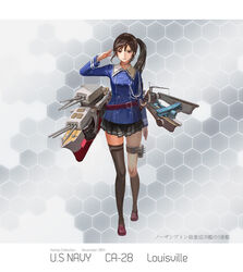  2014 aiguillette aircraft airplane artist_name black_skirt black_thighhighs brown_hair buttons character_name commentary_request copyright_name double-breasted female full_body highres honeycomb_(pattern) honeycomb_background jeanex kantai_collection long_hair long_sleeves louisville_(pacific) machinery military military_uniform miniskirt original pacific_(kancolle) photoshop_(medium) pleated_skirt red_eyes salute shoes side_ponytail skirt solo standing thighhighs turret uniform united_states 