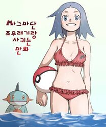  bad_link ball bare_arms bare_shoulders beachball bikini blue_eyes blue_hair breasts cleavage collarbone eyebrows female grin groin image_sample korean_text legs_apart long_hair marshtomp medium_breasts mole navel naver_sample nutkingcall poke_ball poke_ball_(basic) pokemon pokemon_(creature) pokemon_oras red_bikini smile standing stomach swimsuit team_magma team_magma_grunt teeth wading water 