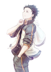  1boy bad_id bad_pixiv_id black_hair black_shirt brown_eyes hand_in_pocket jacket looking_to_the_side male_focus natsuki_subaru over_shoulder re:zero_kara_hajimeru_isekai_seikatsu sack shirt short_hair standing tochibi track_jacket 