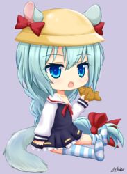  animal_ears aqua_hair azur_lane bad_id bad_pixiv_id blue_eyes chibi commentary_request female food hat holding insider_(pix_insider) kindergarten_uniform long_hair looking_at_viewer mikazuki_(azur_lane) open_mouth school_hat simple_background sitting solo squirrel_ears squirrel_tail tail taiyaki wagashi 