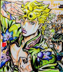  aqua_hair aqua_lips ashiya_kouhei black_eyes black_hair blonde_hair bruno_bucciarati commentary_request dated earrings eyewear_on_head flower giorno_giovanna green_eyes green_hair guido_mista hair_ornament hairband hairclip happy_birthday hat highres jewelry jojo_no_kimyou_na_bouken jojo_pose leone_abbacchio lipstick makeup marker_(medium) narancia_ghirga orange_hair pannacotta_fugo pink_lips pose purple_eyes purple_lips shikishi short_hair signature sunglasses traditional_media trish_una turtleneck vento_aureo 