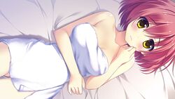  ameto_yuki bare_shoulders bed blush breasts collarbone doumyouji_moemi embarrassed female female game_cg highres large_breasts legs looking_at_viewer lying nude pure_x_connect red_hair short_hair solo thighs towel yellow_eyes 