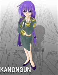  aircraft airplane blueprint_(object) braid breast_hold breasts f-4_phantom_ii female fighter_jet hair_ornament hand_on_own_face hayabusa_(torijin) jet kanon long_hair military military_uniform military_vehicle minase_akiko necktie purple_eyes side_slit skirt smile solo uniform 