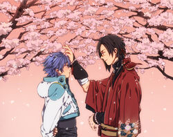  2boys animal animal_on_shoulder bad_id bad_pixiv_id bandages beni_(dramatical_murder) bird bird_on_shoulder black_hair blue_hair blush bracelet cherry_blossoms dramatical_murder eye_contact floral_print hair_ornament hair_over_one_eye hood hooded_jacket irini jacket japanese_clothes jewelry kimono koujaku long_hair looking_at_another male_focus multiple_boys photoshop_(medium) ponytail profile scar seragaki_aoba side_ponytail smile sparrow tassel tree wide_sleeves yaoi 