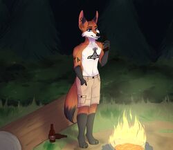  2018 4_toes 5_fingers alcohol anthro barefoot beer beverage biped black_tail_tip blvejay bottomwear campfire camping canid canine cheek_tuft claws clothed clothing detailed detailed_background digital_media_(artwork) dipstick_ears dipstick_tail drinking ear_markings facial_tuft feet fingers forest fox fur futhark gloves_(marking) hand_in_pocket hi_res leg_markings male mammal markings mjolnir multicolored_body multicolored_ears multicolored_fur multicolored_tail navel night orange_body orange_fur outside plant pockets runes shaded shorts socks_(marking) solo tail tail_markings tattoo toes tree tuft whiskers white_body white_fur 