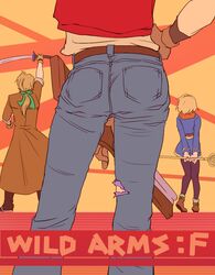  2boys bad_id bad_pixiv_id blonde_hair cecilia_lynne_adelhyde coat commentary_request denim female gloves jack_van_burace jeans jewelry long_hair multiple_boys pants pantyhose rody_roughnight shirt short_hair wild_arms wild_arms_1 yururi-ra 