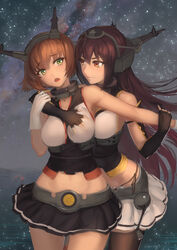  2girls \||/ absurdres bad_id bad_pixiv_id bare_shoulders black_gloves black_hair blush breasts brown_hair brown_legwear buoy cowboy_shot dancing fingerless_gloves fog garter_straps gloves grabbing grabbing_another&#039;s_breast grabbing_from_behind green_eyes hairband headgear highleg highleg_panties highres holding_another&#039;s_arm hug hug_from_behind kantai_collection large_breasts long_hair looking_at_another midriff milky_way miniskirt multiple_girls mutsu_(kancolle) nagato_(kancolle) navel night night_sky nuwangyang_(930426) open_mouth outdoors outstretched_arm panties photoshop_(medium) pleated_skirt red_eyes revision short_hair side-tie_panties skirt sky smile snow standing star_(sky) thighhighs underwear water white_gloves yuri zettai_ryouiki 