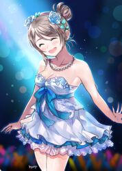  ^_^ alternate_hairstyle artist_name blue_flower blue_ribbon blue_rose blurry blurry_background blush bokeh breasts cleavage closed_eyes collarbone commentary_request cowboy_shot depth_of_field dress female flower glowstick grey_hair hair_bun hair_flower hair_ornament hyugo jewelry love_live! love_live!_sunshine!! medium_breasts necklace open_mouth ribbon rose single_hair_bun smile solo strapless strapless_dress thank_you_friends!! watanabe_you white_dress 