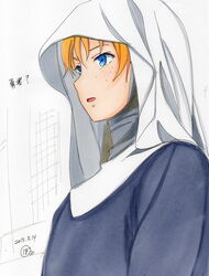  blonde_hair commentary_request female freckles habit highres maoyuu_maou_yuusha marker_(medium) nun onna_kishi_(maoyuu) potekite solo traditional_media traditional_nun 