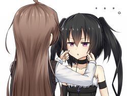  ... 2girls back bare_shoulders black_hair borrowed_character brown_hair cheek_pinching cheek_pull choker collar collarbone commentary cross detached_sleeves fur hair_between_eyes hands_on_another&#039;s_cheeks hands_on_another&#039;s_face long_bangs long_hair long_sleeves miyako_(yakob_labo) multiple_girls note-chan open_mouth original pinching purple_eyes simple_background twintails very_long_hair vest white_background yakob_labo 