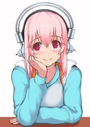  breasts commentary_request deni_m female hand_on_own_chin head_rest headphones large_breasts long_hair looking_at_viewer nitroplus pink_hair red_eyes smile solo super_sonico 