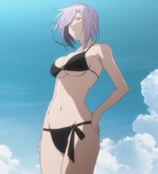  asu_no_yoichi bikini breasts cleavage cloud female female hair_over_one_eye highres large_breasts navel purple_hair red_eyes screencap smile solo stitched swimsuit takatsukasa_angela 