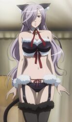  asu_no_yoichi bell bikini breasts cat_ears cleavage female female fur hair_over_one_eye highres large_breasts long_hair purple_hair red_eyes ribbon screencap smile solo stitched swimsuit tail takatsukasa_angela thighhighs 