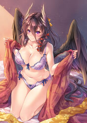  black_hair black_wings bow bra breasts commentary_request female frilled_bra frills hair_ribbon hairbow head_wings indoors kurama_(sennen_sensou_aigis) large_breasts long_hair looking_at_viewer makirin navel panties photoshop_(medium) purple_eyes ribbon sennen_sensou_aigis sitting smile solo tress_ribbon underwear underwear_only unworn_kimono wings 