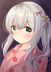  absurdres alternate_hairstyle blush bow commentary_request eromanga_sensei female green_eyes grey_hair hairbow highres inahori izumi_sagiri japanese_clothes kimono long_hair looking_at_viewer pink_kimono smile solo twintails upper_body yukata 