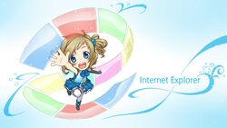  aizawa_inori ascot belt blue_eyes brown_hair chibi detached_sleeves dress female gradient_background hair_ornament highres internet_explorer looking_at_viewer microsoft official_art official_wallpaper os-tan paint.net_(medium) side_ponytail sleeveless sleeveless_dress solo thighhighs waha_(artist) 