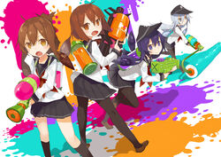  .52_gal_(splatoon) 4girls akatsuki_(kancolle) black_pantyhose blue_eyes blush brown_hair commentary_request crossover folded_ponytail grey_hair harapeko_(886011) hat hibiki_(kancolle) ikazuchi_(kancolle) inazuma_(kancolle) ink_tank_(splatoon) kantai_collection loafers long_hair looking_at_viewer multiple_girls oerba_yun_fang open_mouth paint_roller paint_splatter pantyhose purple_eyes purple_hair school_uniform serafuku shoes short_hair skirt smile splat_roller_(splatoon) splatoon_(series) splatoon_1 splattershot_(splatoon) splattershot_jr_(splatoon) super_soaker tentacle_hair 