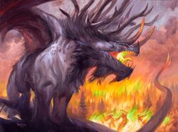  antlers burning dragon feral fire forest front_view fur furred_dragon furred_scalie glowing glowing_tongue group hasbro horn landscape long_tail looking_away lucas_graciano macro magic:_the_gathering mythological_creature mythological_scalie mythology official_art open_mouth plant quadruped scalie sharp_teeth signature solo_focus spread_wings tail teeth tongue tree wings wizards_of_the_coast 