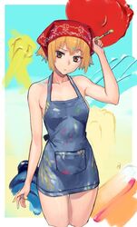  :&lt; apron arm_at_side arm_up bad_id bad_twitter_id bandana bare_shoulders blush breasts brown_eyes closed_mouth collarbone copyright_request cowboy_shot cropped_legs expressionless female graffiti highres holding looking_at_viewer medium_breasts naked_apron no_bra orange_hair paint_splatter paintbrush short_hair sideboob solo standing thigh_gap washi_no_tosaka 