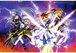  4girls :o absurdres artist_request bardiche_(nanoha) bardiche_(zanber_form)_(nanoha) belt black_socks black_thighhighs blonde_hair blue_eyes book boots brown_hair cape celtic_cross cross dress energy_sword energy_wings fate_testarossa fate_testarossa_(blaze_form) feathers fingerless_gloves fire gloves grey_hair hair_ornament hair_ribbon hat highres huge_weapon jacket long_hair long_skirt lyrical_nanoha magical_girl mahou_shoujo_lyrical_nanoha mahou_shoujo_lyrical_nanoha_a&#039;s mahou_shoujo_lyrical_nanoha_the_movie_2nd_a&#039;s multiple_girls official_art open_clothes open_jacket puffy_sleeves purple_eyes raising_heart raising_heart_(exelion_mode)_(2nd) red_eyes red_hair reinforce ribbon schwertkreuz shoes short_hair short_twintails skirt socks staff star_(symbol) starry_background sword takamachi_nanoha takamachi_nanoha_(exelion_mode) thighhighs tome_of_the_night_sky twintails unison_(nanoha) waist_cape weapon winged_footwear wings x_hair_ornament yagami_hayate 