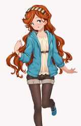  aya_shachou black_pantyhose blue_eyes blush bracelet casual commentary_request contemporary female granblue_fantasy hairband highres hood hooded_jacket jacket jewelry long_hair looking_at_viewer open_mouth orange_hair pantyhose pantyhose_under_shorts pigeon-toed sara_(granblue_fantasy) short_shorts shorts smile solo standing standing_on_one_leg wrist_extended wrist_flexed 