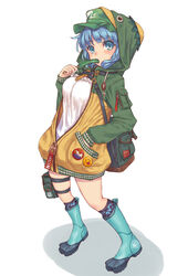  alternate_costume arched_back badge bag blue_eyes blue_footwear blue_hair blunt_bangs boots breasts button_badge character_name commentary_request cucumber drawstring dress eating emoji female full_body green_hat green_neckwear hand_in_pocket hat hat_under_hood holding hood hood_up hooded_jacket jacket kappa kawashiro_nitori key large_breasts long_sleeves looking_at_viewer mumulatte nail_polish pocket pouch rubber_boots shoulder_bag simple_background solo standing thigh_strap touhou white_background white_dress 