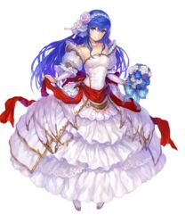  bare_shoulders blue_eyes blue_hair bouquet breasts bridal_gauntlets bride caeda_(bridal)_(fire_emblem) caeda_(fire_emblem) collarbone commentary_request detached_collar dress female fire_emblem fire_emblem:_mystery_of_the_emblem fire_emblem_heroes flower full_body hair_flower hair_ornament hairband highres holding long_hair looking_at_viewer medium_breasts official_art sleeveless sleeveless_dress smile solo standing transparent_background wedding_dress white_dress yoshiku_(oden-usagi) 