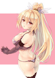  ass bare_shoulders black_gloves black_thighhighs blonde_hair blush bra breasts butt_crack chestnut_mouth cleavage commentary_request elbow_gloves female gloves high_ponytail large_breasts long_hair looking_at_viewer makirin nanaly_(sennen_sensou_aigis) own_hands_together panties photoshop_(medium) red_eyes sennen_sensou_aigis simple_background solo standing thighhighs thong underwear very_long_hair 