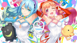  2girls ;) ;d aqua_eyes aqua_gloves aqua_hair armpits artist_name breasts cleavage clothing_cutout collarbone company_name covered_navel criss-cross_halter elbow_gloves end_card finger_to_mouth fingerless_gloves gloves gradient_hair green_hair halterneck heart highres hisasi lightning_bolt_symbol long_hair looking_at_viewer medium_breasts multicolored_hair multiple_girls one_eye_closed open_mouth photoshop_(medium) red_eyes red_gloves red_hair small_breasts smile sumako_(ultra_super_anime_time) supika_(ultra_super_anime_time) tareme tsurime twintails ultra_super_anime_time underboob underboob_cutout upper_body v_over_eye water_gun wavy_hair 