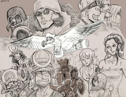  2013 2girls 6+boys afro angry antlers armor basil_hawkins bird breasts breath brook_(one_piece) camel_(one_piece) cleavage clothes_writing commentary crown donquixote_doflamingo earrings english_commentary eustass_kid eyewear_on_head facial_hair father_and_son fur_trim garththedestroyer glasses goggles goggles_on_head grin headphones heart helmet horns japanese_armor jewelry katana kinemon kouzuki_momonosuke kuzan_(aokiji) long_hair medium_breasts monkey_d._luffy monochrome moustache multiple_boys multiple_girls multiple_monochrome naked_towel nami_(one_piece) necktie news_coo newspaper nico_robin one_piece penguin photoshop_(medium) sanji_(one_piece) scar scratchmen_apoo seagull short_hair signature skeleton smile sunglasses sword tattoo tony_tony_chopper topknot towel usopp water weapon 