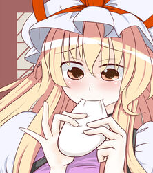  blonde_hair commentary_request eating female hat hat_ribbon long_hair monomi_(nasdai) ribbon solo touhou yakumo_yukari yellow_eyes 