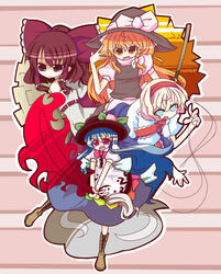  4girls alice_margatroid blonde_hair blue_eyes blue_hair braid broom brown_eyes brown_hair capelet commentary_request hair_ribbon hair_tubes hakurei_reimu hat hat_ribbon hinanawi_tenshi kirisame_marisa monomi_(nasdai) multiple_girls red_eyes ribbon side_braid string sword_of_hisou touhou yellow_eyes 