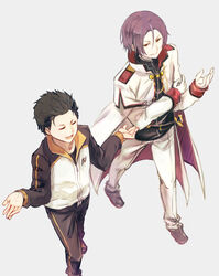  2boys bad_id bad_pixiv_id black_hair cape highres jacket julius_juukulius male_focus multiple_boys natsuki_subaru purple_hair re:zero_kara_hajimeru_isekai_seikatsu short_hair simple_background tochibi track_jacket white_background 