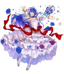  armpits blue_eyes blue_hair bouquet breasts caeda_(bridal)_(fire_emblem) caeda_(fire_emblem) cleavage commentary_request detached_collar dress female fire_emblem fire_emblem:_mystery_of_the_emblem fire_emblem_heroes flower full_body hair_flower hair_ornament hairband high_heels highres long_hair looking_away medium_breasts official_art open_mouth petals smile solo transparent_background wedding_dress white_dress yoshiku_(oden-usagi) 