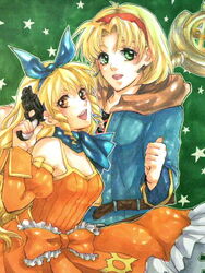  2girls ahoge ascot belt blonde_hair blue_ascot bow brown_eyes cecilia_lynne_adelhyde coat commentary_request green_eyes gun hairband jane_maxwell jewelry kiku_(nornon) long_hair multiple_boys multiple_girls open_mouth orange_sleeves red_hairband shirt short_hair smile waist_bow weapon wild_arms wild_arms_1 