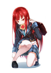  alternate_costume blazer blush_stickers bread bread_slice crimson_avenger_(elsword) elesis_(elsword) elsword female fingerless_gloves food food_in_mouth gloves jacket kneeling long_hair mouth_hold plaid plaid_skirt pleated_skirt red_hair sando_(dukedevil) school_uniform skirt thighhighs toast toast_in_mouth white_thighhighs yellow_eyes zettai_ryouiki 