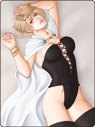  arisen_(dragon&#039;s_dogma) arusha bangle black_panties blonde_hair blue_eyes boots bracelet breasts bustier cape circlet commentary_request dragon&#039;s_dogma dragon&#039;s_dogma_(series) female jewelry large_breasts lips lying nose on_back panties scar solo thigh_boots thighhighs underwear 